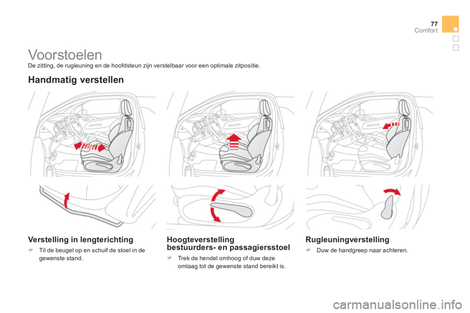 CITROEN DS3 2011  Instructieboekjes (in Dutch) 77Comfort
   
 
 
 
 
 
 
 
Vo or stoelen   
De zitting, de rugleuning en de hoofdsteun zijn verstelbaar voor een optimale zitpositie. 
 
 Handmatig verstellen 
 
 Verstelling in lengterichting 
�)Til