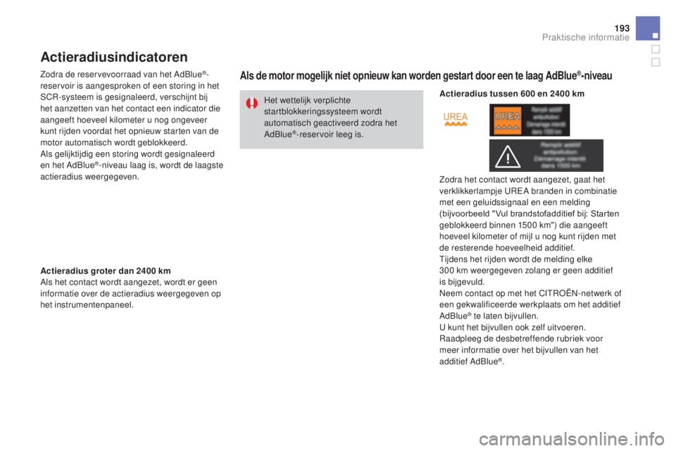 CITROEN DS3 CABRIO 2017  Instructieboekjes (in Dutch) 193
DS3_nl_Chap08_info-pratiques_ed02-2015
Actieradiusindicatoren
Zodra de reservevoorraad van het AdBlue®-
reservoir is aangesproken of een storing in het 
SCR-systeem is gesignaleerd, verschijnt bi