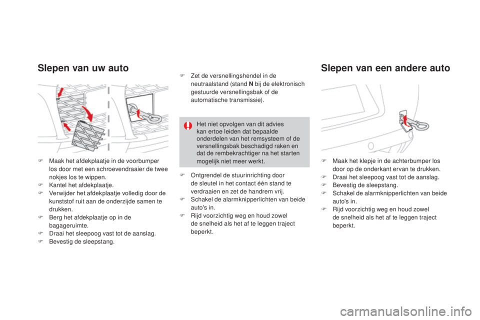 CITROEN DS3 CABRIO 2017  Instructieboekjes (in Dutch) DS3_nl_Chap08_info-pratiques_ed02-2015
F Maak het afdekplaatje in de voorbumper los door met een schroevendraaier de twee 
nokjes los te wippen.
F
 
K
 antel het afdekplaatje.
F
 
V
 er wijder het afd