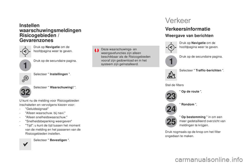 CITROEN DS3 CABRIO 2017  Instructieboekjes (in Dutch) 11
23
24
25
32
DS3_nl_Chap11c_SMEGplus_ed02-2015
Instellen 
waarschuwingsmeldingen 
Risicogebieden / 
Gevarenzones
Druk op Navigatie om de 
hoofdpagina weer te geven.
Druk op de secundaire pagina.
Sel
