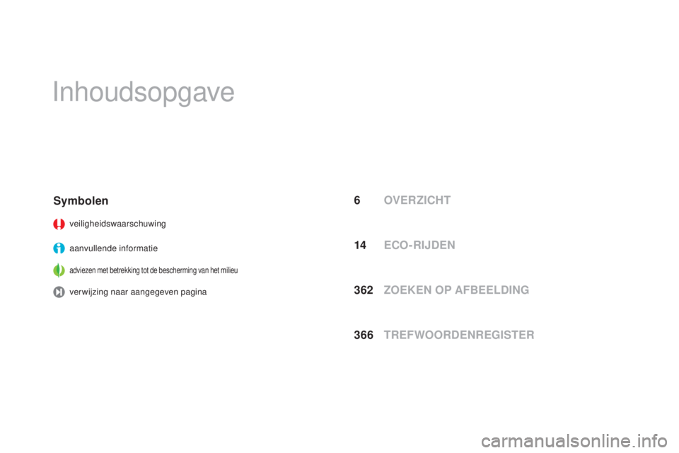CITROEN DS3 CABRIO 2017  Instructieboekjes (in Dutch) DS3_nl_Chap00a_sommaire_ed02-2015
Inhoudsopgave
6 OVER ZICHT
Symbolen
veiligheidswaarschuwing
aanvullende informatie
adviezen met betrekking tot de bescherming van het milieu
verwijzing naar aangegeve