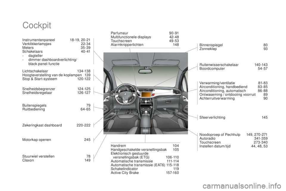 CITROEN DS3 CABRIO 2017 Instructieboekjes (in Dutch) DS3_nl_Chap12_index-recherche_ed02-2015
Cockpit
Instrumentenpaneel 18 -19, 20 -21
Verklikkerlampjes 2 2-34
Meters
35-39
Schakelaars
40- 41
-
dagteller
-
d
immer dashboardverlichting/
black CITROEN DS3 CABRIO 2017 Instructieboekjes (in Dutch) DS3_nl_Chap12_index-recherche_ed02-2015
Cockpit
Instrumentenpaneel 18 -19, 20 -21
Verklikkerlampjes 2 2-34
Meters
35-39
Schakelaars
40- 41
-
dagteller
-
d
immer dashboardverlichting/
black