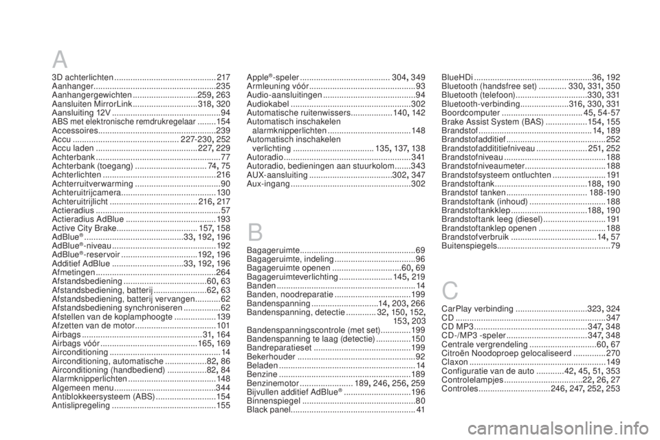 CITROEN DS3 CABRIO 2017 Instructieboekjes (in Dutch) DS3_nl_Chap12_index-recherche_ed02-2015
A
3D achterlichten ............................................217
Aanhanger ..................................................... 235
Aanhangergewichten
..... CITROEN DS3 CABRIO 2017 Instructieboekjes (in Dutch) DS3_nl_Chap12_index-recherche_ed02-2015
A
3D achterlichten ............................................217
Aanhanger ..................................................... 235
Aanhangergewichten
.....