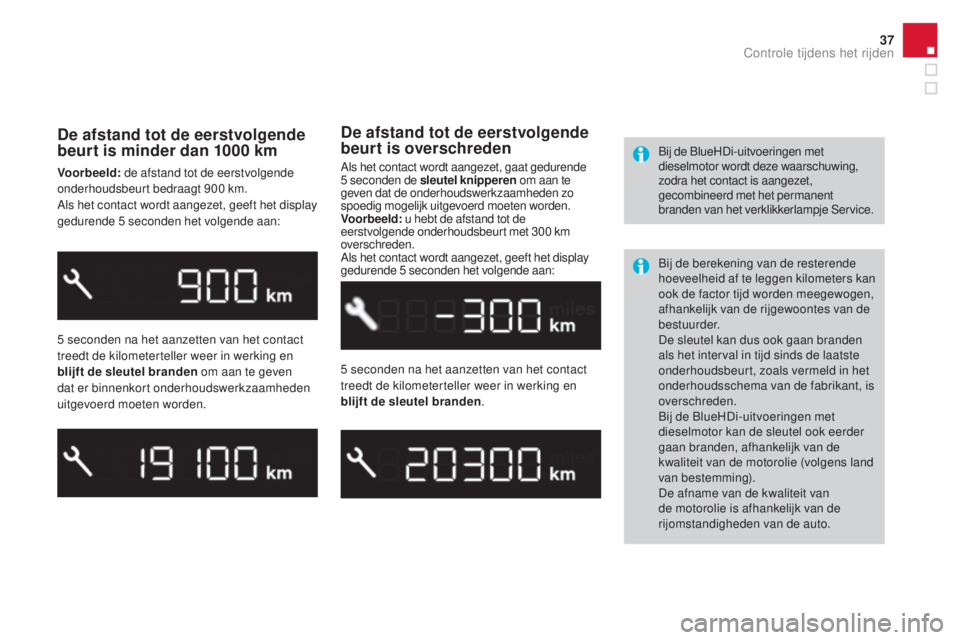 CITROEN DS3 CABRIO 2017 Instructieboekjes (in Dutch) 37
DS3_nl_Chap01_controle-de-marche_ed02-2015
De afstand tot de eerstvolgende
beurt is minder dan 1000 km
Voorbeeld: de afstand tot de eerstvolgende
onderhoudsbeurt bedraagt 900 km.
Als het contac CITROEN DS3 CABRIO 2017 Instructieboekjes (in Dutch) 37
DS3_nl_Chap01_controle-de-marche_ed02-2015
De afstand tot de eerstvolgende
beurt is minder dan 1000 km
Voorbeeld: de afstand tot de eerstvolgende
onderhoudsbeurt bedraagt 900 km.
Als het contac