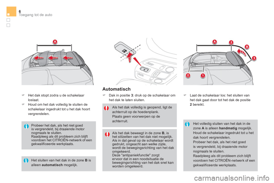 CITROEN DS3 CABRIO 2017  Instructieboekjes (in Dutch) Toegang tot de auto6
   
Automatisch 
 
 
 
�) 
  Dak in positie  3 
: druk op de schakelaar om 
het dak te laten sluiten. 
   
Als het dak volledig is geopend, ligt de 
achterruit op de hoedenplank. 