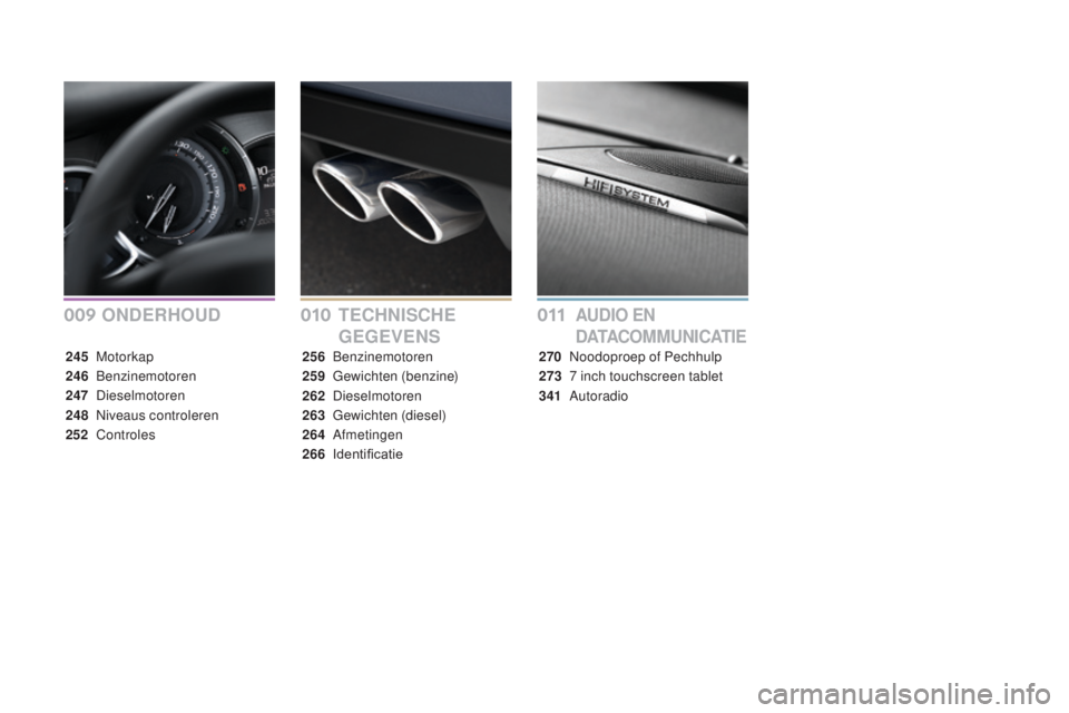 CITROEN DS3 CABRIO 2017  Instructieboekjes (in Dutch) DS3_nl_Chap00a_sommaire_ed02-2015
ONDERHOUDTECHNISCHE 
GEGEVENSAUDIO EN 
D ATAC O M M U N I C AT I E
245  Motorkap
246
 B
 enzinemotoren
247
 

Dieselmotoren
248
 N

iveaus controleren
252
 C

ontrole