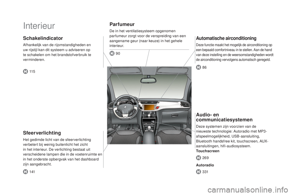 CITROEN DS3 CABRIO 2016  Instructieboekjes (in Dutch) DS3_nl_Chap00b_vue-ensemble_ed01-2015
Interieur
Sfeerverlichting
Het gedimde licht van de sfeerverlichting 
verbetert bij weinig buitenlicht het zicht 
in het interieur. De verlichting bestaat uit 
ve