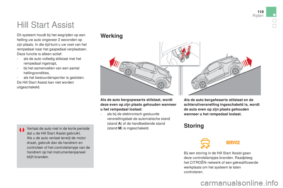 CITROEN DS3 CABRIO 2016 Instructieboekjes (in Dutch) 11 9
DS3_nl_Chap04_conduite_ed01-2015
Hill Start Assist
Dit systeem houdt bij het wegrijden op een
helling uw auto ongeveer 2 seconden op
zijn plaats. In die tijd kunt u uw voet van het
rempedaal n CITROEN DS3 CABRIO 2016 Instructieboekjes (in Dutch) 11 9
DS3_nl_Chap04_conduite_ed01-2015
Hill Start Assist
Dit systeem houdt bij het wegrijden op een
helling uw auto ongeveer 2 seconden op
zijn plaats. In die tijd kunt u uw voet van het
rempedaal n