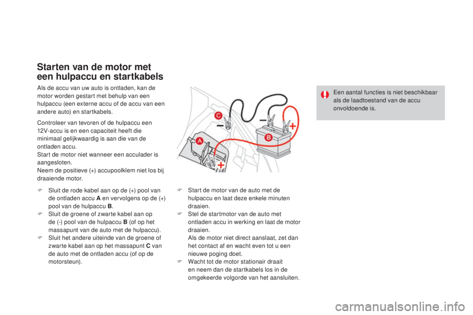 CITROEN DS3 CABRIO 2016 Instructieboekjes (in Dutch) DS3_nl_Chap08_info-pratiques_ed01-2015
Als de accu van uw auto is ontladen, kan de
motor worden gestart met behulp van een
hulpaccu (een externe accu of de accu van een
andere auto) en startkabels. CITROEN DS3 CABRIO 2016 Instructieboekjes (in Dutch) DS3_nl_Chap08_info-pratiques_ed01-2015
Als de accu van uw auto is ontladen, kan de
motor worden gestart met behulp van een
hulpaccu (een externe accu of de accu van een
andere auto) en startkabels.