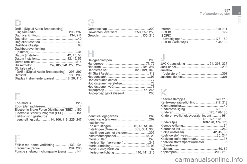 CITROEN DS3 CABRIO 2016 Instructieboekjes (in Dutch) 357
DS3_nl_Chap12_index-recherche_ed01-2015
Eco-modus .................................................... 226
Eco-rijden (adviezen) ...................................... 14
Electronic Brake Force D CITROEN DS3 CABRIO 2016 Instructieboekjes (in Dutch) 357
DS3_nl_Chap12_index-recherche_ed01-2015
Eco-modus .................................................... 226
Eco-rijden (adviezen) ...................................... 14
Electronic Brake Force D