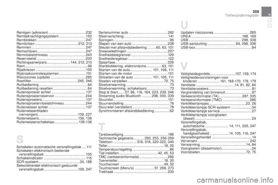 CITROEN DS3 CABRIO 2016 Instructieboekjes (in Dutch) 359
DS3_nl_Chap12_index-recherche_ed01-2015
Schakelen automatische versnellingsbak ....111
Schakelen elektronisch bediende versnellingsbak
.......................................... 105
Schakelind CITROEN DS3 CABRIO 2016 Instructieboekjes (in Dutch) 359
DS3_nl_Chap12_index-recherche_ed01-2015
Schakelen automatische versnellingsbak ....111
Schakelen elektronisch bediende versnellingsbak
.......................................... 105
Schakelind