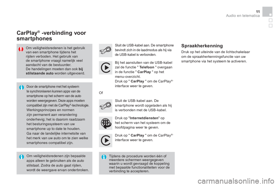 CITROEN DS3 CABRIO 2016  Instructieboekjes (in Dutch)   Audio en telematica 11
 
 
Druk op "  CarPlay 
 " om de CarPlay® -
 
inter face weer te geven.  
 
 
Sluit de USB-kabel aan. De smartphone 
bevindt zich in de laadmodus als hij via 
de USB-kabel is