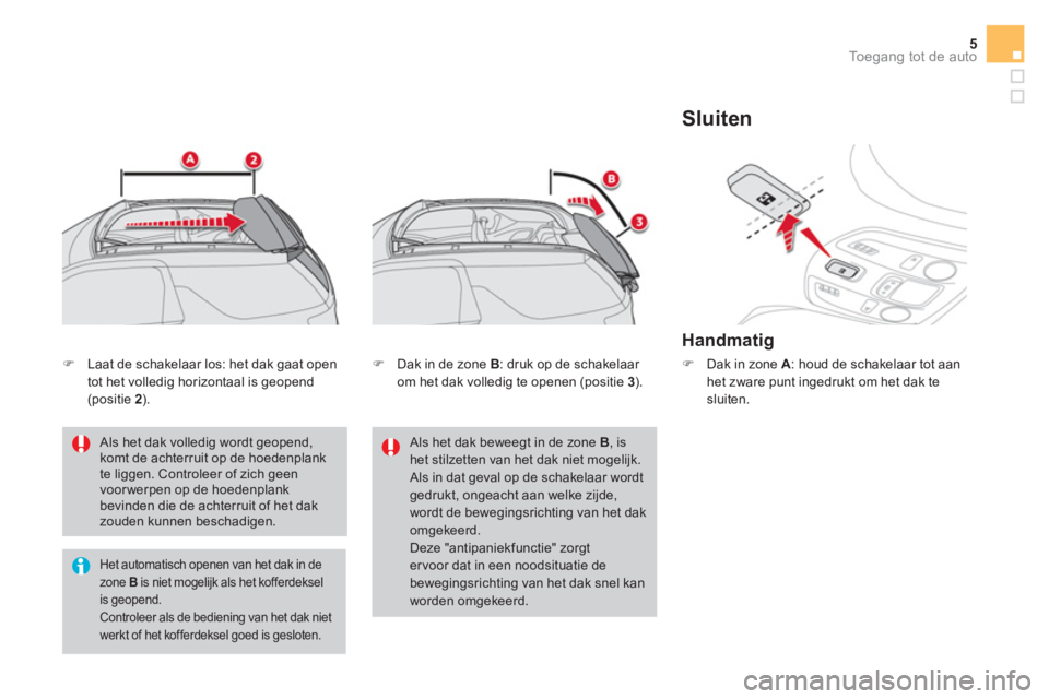 CITROEN DS3 CABRIO 2016  Instructieboekjes (in Dutch) 5Toegang tot de auto
   
Als het dak volledig wordt geopend, 
komt de achterruit op de hoedenplank 
te liggen. Controleer of zich geen 
voor werpen op de hoedenplank 
bevinden die de achterruit of het