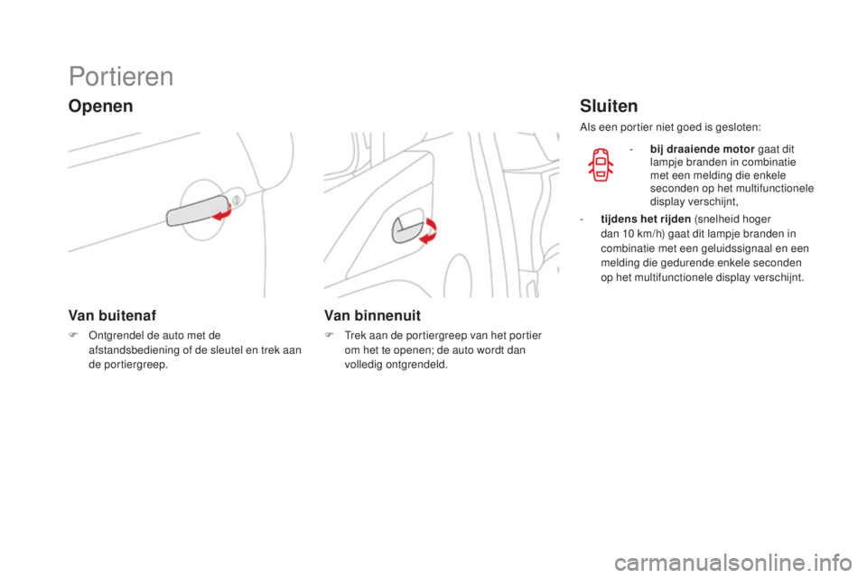 CITROEN DS3 CABRIO 2016  Instructieboekjes (in Dutch) DS3_nl_Chap02_ouvertures_ed01-2015
Portieren
Openen
Van buitenaf
F Ontgrendel de auto met de afstandsbediening of de sleutel en trek aan 
de portiergreep.
Van binnenuit
F Trek aan de portiergreep van 