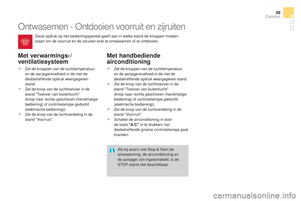 CITROEN DS3 CABRIO 2016  Instructieboekjes (in Dutch) 89
DS3_nl_Chap03_confort_ed01-2015
Ontwasemen - Ontdooien voorruit en zijruiten
Met verwarmings-/
ventilatiesysteem
F Zet de knoppen van de luchttemperatuur en de aanjagersnelheid in de met de 
desbet