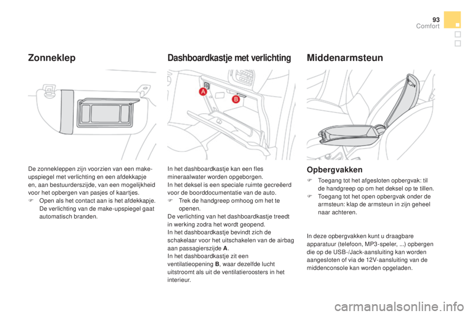 CITROEN DS3 CABRIO 2016  Instructieboekjes (in Dutch) 93
DS3_nl_Chap03_confort_ed01-2015
De zonnekleppen zijn voorzien van een make-
upspiegel met verlichting en een afdekkapje 
en, aan bestuurderszijde, van een mogelijkheid 
voor het opbergen van pasjes