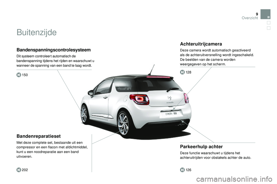 CITROEN DS3 CABRIO 2015 Instructieboekjes (in Dutch) 9
DS3_nl_Chap00b_vue-ensemble_ed01-2014
Bandenspanningscontrolesysteem
Dit systeem controleert automatisch de
bandenspanning tijdens het rijden en waarschuwt u
wanneer de spanning van een band te la CITROEN DS3 CABRIO 2015 Instructieboekjes (in Dutch) 9
DS3_nl_Chap00b_vue-ensemble_ed01-2014
Bandenspanningscontrolesysteem
Dit systeem controleert automatisch de
bandenspanning tijdens het rijden en waarschuwt u
wanneer de spanning van een band te la