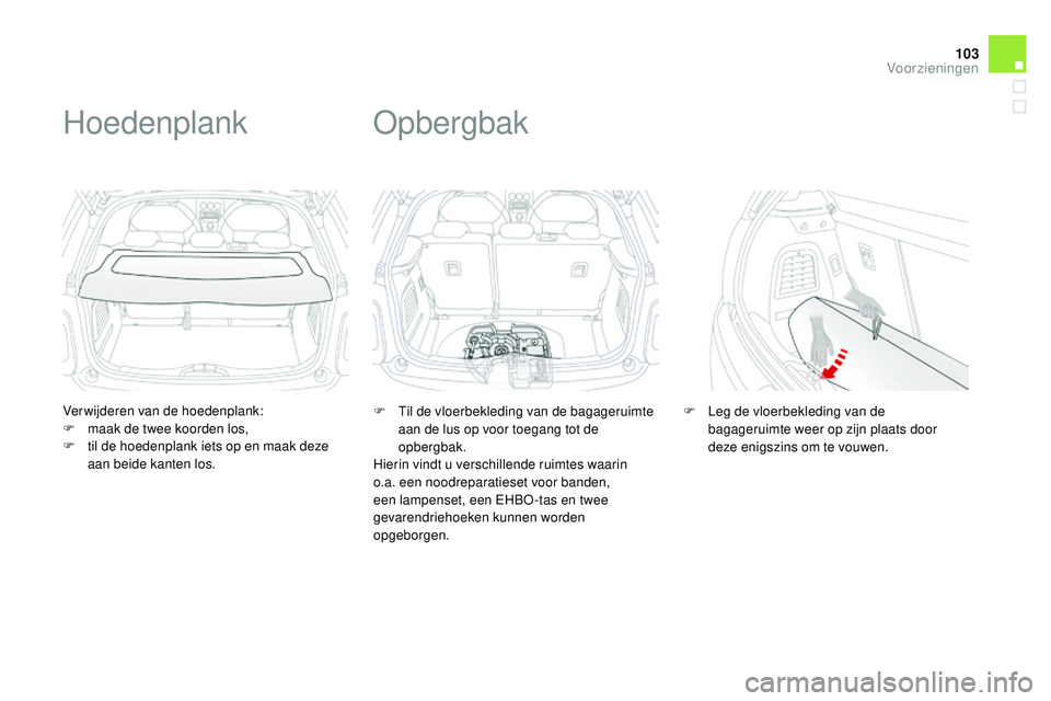CITROEN DS3 CABRIO 2015 Instructieboekjes (in Dutch) 103
DS3_nl_Chap05_amenagement_ed01-2014
Verwijderen van de hoedenplank:
F m aak de twee koorden los,
F
t
il de hoedenplank iets op en maak deze
aan beide kanten los.
Hoedenplank
F til de vloerbek CITROEN DS3 CABRIO 2015 Instructieboekjes (in Dutch) 103
DS3_nl_Chap05_amenagement_ed01-2014
Verwijderen van de hoedenplank:
F m aak de twee koorden los,
F
t
il de hoedenplank iets op en maak deze
aan beide kanten los.
Hoedenplank
F til de vloerbek