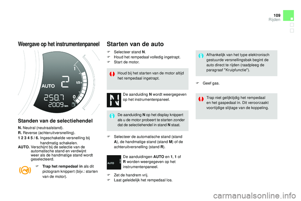 CITROEN DS3 CABRIO 2015 Instructieboekjes (in Dutch) 109
DS3_nl_Chap06_conduite_ed01-2014
Weergave op het instrumentenpaneel
Standen van de selectiehendel
N. neutral (neutraalstand).
R.
re verse (achteruitversnelling).
1
2 3 4 5 / 6.
In
CITROEN DS3 CABRIO 2015 Instructieboekjes (in Dutch) 109
DS3_nl_Chap06_conduite_ed01-2014
Weergave op het instrumentenpaneel
Standen van de selectiehendel
N. neutral (neutraalstand).
R.
re verse (achteruitversnelling).
1
2 3 4 5 / 6.
In