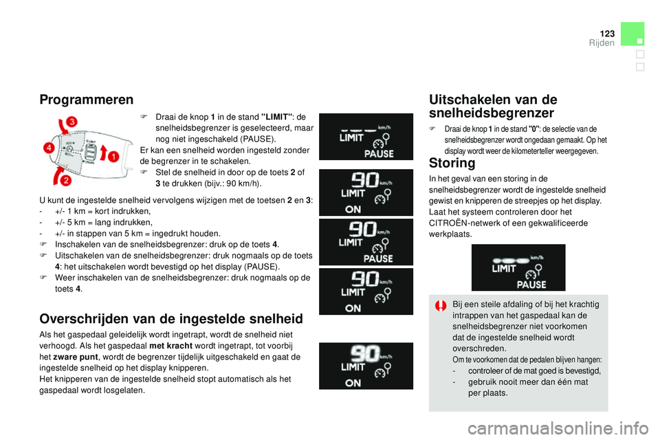 CITROEN DS3 CABRIO 2015 Instructieboekjes (in Dutch) 123
DS3_nl_Chap06_conduite_ed01-2014
F Draai de knop 1 in de stand "LIMIT": de
snelheidsbegrenzer is geselecteerd, maar
nog niet ingeschakeld (PA
uSe)
.
er k
an een snelheid worden ingest CITROEN DS3 CABRIO 2015 Instructieboekjes (in Dutch) 123
DS3_nl_Chap06_conduite_ed01-2014
F Draai de knop 1 in de stand "LIMIT": de
snelheidsbegrenzer is geselecteerd, maar
nog niet ingeschakeld (PA
uSe)
.
er k
an een snelheid worden ingest