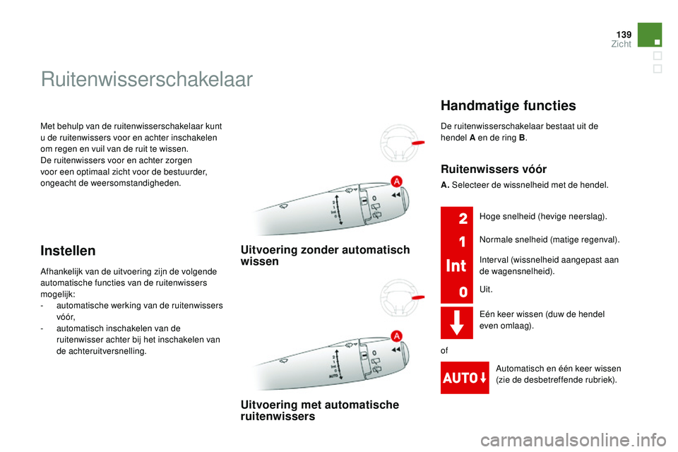 CITROEN DS3 CABRIO 2015 Instructieboekjes (in Dutch) 139
DS3_nl_Chap07_visibilite_ed01-2014
Met behulp van de ruitenwisserschakelaar kunt
u de ruitenwissers voor en achter inschakelen
om regen en vuil van de ruit te wissen.
De ruitenwissers voor en ac CITROEN DS3 CABRIO 2015 Instructieboekjes (in Dutch) 139
DS3_nl_Chap07_visibilite_ed01-2014
Met behulp van de ruitenwisserschakelaar kunt
u de ruitenwissers voor en achter inschakelen
om regen en vuil van de ruit te wissen.
De ruitenwissers voor en ac
