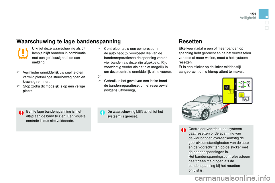 CITROEN DS3 CABRIO 2015 Instructieboekjes (in Dutch) 151
DS3_nl_Chap08_securite_ed01-2014
De waarschuwing blijft actief tot het
systeem is gereset.ee
n te lage bandenspanning is niet
altijd aan de band te zien.
ee
n visuele
controle is dus niet vold CITROEN DS3 CABRIO 2015 Instructieboekjes (in Dutch) 151
DS3_nl_Chap08_securite_ed01-2014
De waarschuwing blijft actief tot het
systeem is gereset.ee
n te lage bandenspanning is niet
altijd aan de band te zien.
ee
n visuele
controle is dus niet vold
