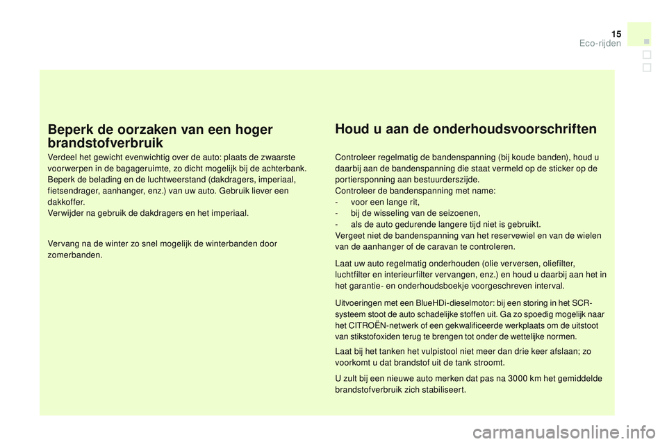 CITROEN DS3 CABRIO 2015 Instructieboekjes (in Dutch) 15
DS3_nl_Chap00c_eco-conduite_ed01-2014
Beperk de oorzaken van een hoger
brandstofverbruik
Verdeel het gewicht evenwichtig over de auto: plaats de zwaarste
voor werpen in de bagageruimte, zo dicht CITROEN DS3 CABRIO 2015 Instructieboekjes (in Dutch) 15
DS3_nl_Chap00c_eco-conduite_ed01-2014
Beperk de oorzaken van een hoger
brandstofverbruik
Verdeel het gewicht evenwichtig over de auto: plaats de zwaarste
voor werpen in de bagageruimte, zo dicht