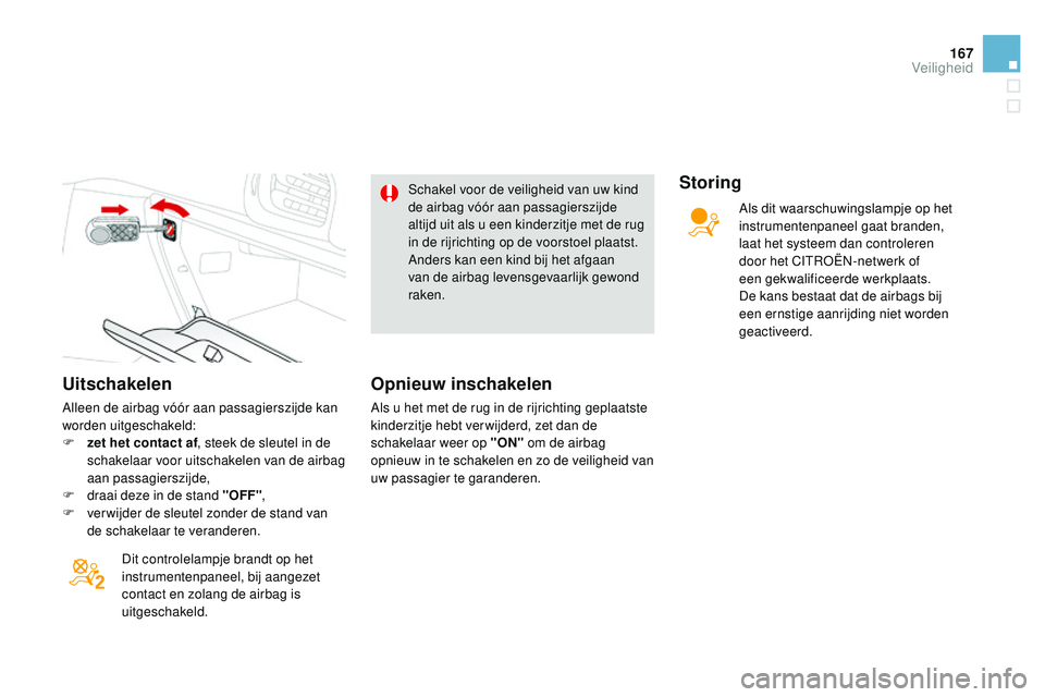 CITROEN DS3 CABRIO 2015 Instructieboekjes (in Dutch) 167
DS3_nl_Chap08_securite_ed01-2014
Uitschakelen
Alleen de airbag vóór aan passagierszijde kan
worden uitgeschakeld:
F
z
et het contact af , steek de sleutel in de
schakelaar voor uitschakelen CITROEN DS3 CABRIO 2015 Instructieboekjes (in Dutch) 167
DS3_nl_Chap08_securite_ed01-2014
Uitschakelen
Alleen de airbag vóór aan passagierszijde kan
worden uitgeschakeld:
F
z
et het contact af , steek de sleutel in de
schakelaar voor uitschakelen