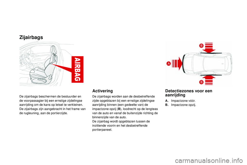 CITROEN DS3 CABRIO 2015 Instructieboekjes (in Dutch) Zijairbags
De zijairbags beschermen de bestuurder en
de voorpassagier bij een ernstige zijdelingse
aanrijding om de kans op letsel te verkleinen.
De zijairbags zijn aangebracht in het frame van
de CITROEN DS3 CABRIO 2015 Instructieboekjes (in Dutch) Zijairbags
De zijairbags beschermen de bestuurder en
de voorpassagier bij een ernstige zijdelingse
aanrijding om de kans op letsel te verkleinen.
De zijairbags zijn aangebracht in het frame van
de