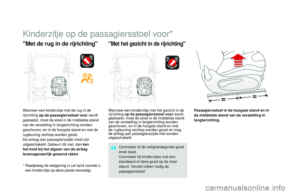 CITROEN DS3 CABRIO 2015  Instructieboekjes (in Dutch) DS3_nl_Chap09_securite-enfants_ed01-2014
kinderzitje op de passagiersstoel voor*
"Met de rug in de rijrichting""Met het gezicht in de rijrichting"
Passagiersstoel in de hoogste stand e