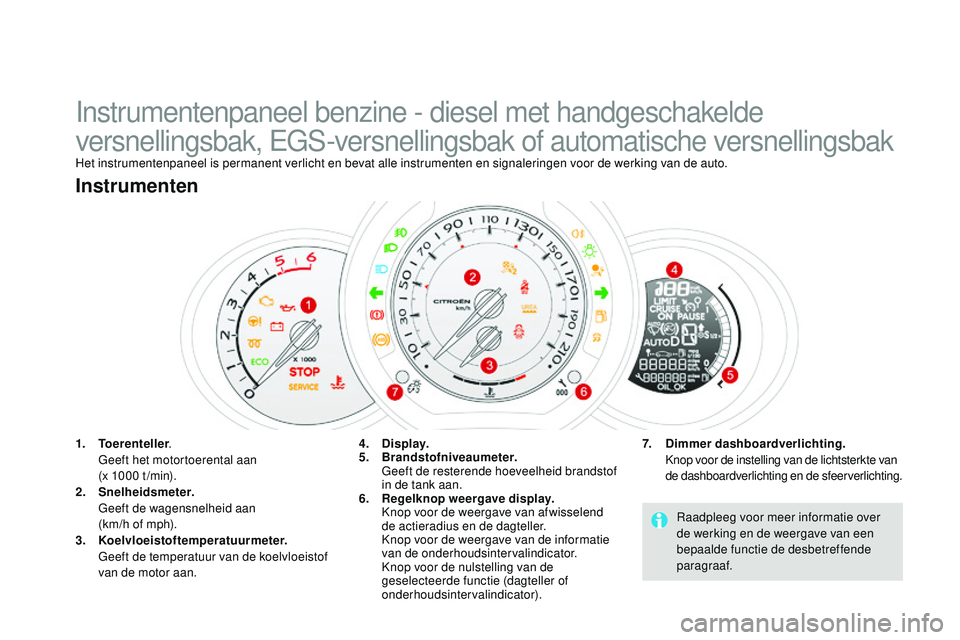 CITROEN DS3 CABRIO 2015 Instructieboekjes (in Dutch) DS3_nl_Chap01_controle-de-marche_ed01-2014
Instrumentenpaneel benzine - diesel met handgeschakelde
versnellingsbak, e
G
S-versnellingsbak of automatische versnellingsbak
Het instrumentenpaneel is pe CITROEN DS3 CABRIO 2015 Instructieboekjes (in Dutch) DS3_nl_Chap01_controle-de-marche_ed01-2014
Instrumentenpaneel benzine - diesel met handgeschakelde
versnellingsbak, e
G
S-versnellingsbak of automatische versnellingsbak
Het instrumentenpaneel is pe