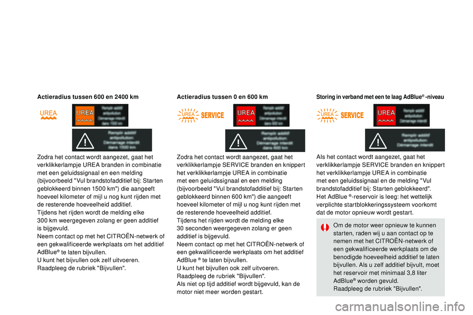 CITROEN DS3 CABRIO 2015  Instructieboekjes (in Dutch) DS3_nl_Chap10_info-pratiques_ed01-2014
Actieradius tussen 600 en 2400  km
Zodra het contact wordt aangezet, gaat het 
verklikkerlampje 
ure
A
  branden in combinatie 
met een geluidssignaal en een mel