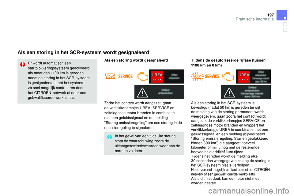 CITROEN DS3 CABRIO 2015 Instructieboekjes (in Dutch) 197
DS3_nl_Chap10_info-pratiques_ed01-2014
Als een storing in het SCR-systeem wordt gesignaleerd
In het geval van een tijdelijke storing
stopt de waarschuwing zodra de
uitlaatgasemissiewaarden weer CITROEN DS3 CABRIO 2015 Instructieboekjes (in Dutch) 197
DS3_nl_Chap10_info-pratiques_ed01-2014
Als een storing in het SCR-systeem wordt gesignaleerd
In het geval van een tijdelijke storing
stopt de waarschuwing zodra de
uitlaatgasemissiewaarden weer