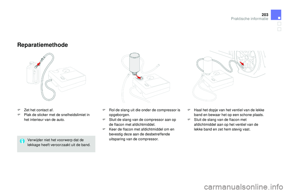 CITROEN DS3 CABRIO 2015 Instructieboekjes (in Dutch) 203
DS3_nl_Chap10_info-pratiques_ed01-2014
F Zet het contact af.
F P lak de sticker met de snelheidslimiet in
het interieur van de auto.
Reparatiemethode
Ver wijder niet het voor werp dat de
lekkage CITROEN DS3 CABRIO 2015 Instructieboekjes (in Dutch) 203
DS3_nl_Chap10_info-pratiques_ed01-2014
F Zet het contact af.
F P lak de sticker met de snelheidslimiet in
het interieur van de auto.
Reparatiemethode
Ver wijder niet het voor werp dat de
lekkage