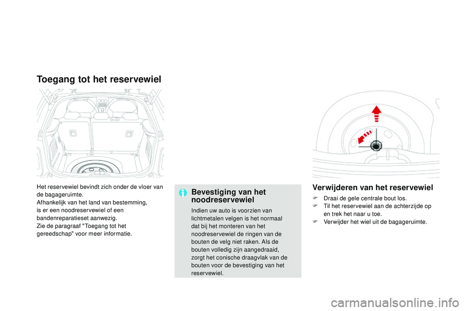 CITROEN DS3 CABRIO 2015 Instructieboekjes (in Dutch) DS3_nl_Chap10_info-pratiques_ed01-2014
Het reservewiel bevindt zich onder de vloer van
de bagageruimte.
Afhankelijk van het land van bestemming,
is er een noodreservewiel of een
bandenreparatieset CITROEN DS3 CABRIO 2015 Instructieboekjes (in Dutch) DS3_nl_Chap10_info-pratiques_ed01-2014
Het reservewiel bevindt zich onder de vloer van
de bagageruimte.
Afhankelijk van het land van bestemming,
is er een noodreservewiel of een
bandenreparatieset