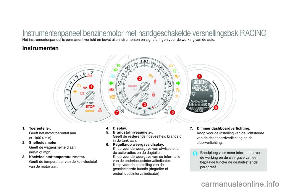 CITROEN DS3 CABRIO 2015 Instructieboekjes (in Dutch) DS3_nl_Chap01_controle-de-marche_ed01-2014
Instrumentenpaneel benzinemotor met handgeschakelde versnellingsbak rACInGHet instrumentenpaneel is permanent verlicht en bevat alle instrumenten en signaler CITROEN DS3 CABRIO 2015 Instructieboekjes (in Dutch) DS3_nl_Chap01_controle-de-marche_ed01-2014
Instrumentenpaneel benzinemotor met handgeschakelde versnellingsbak rACInGHet instrumentenpaneel is permanent verlicht en bevat alle instrumenten en signaler