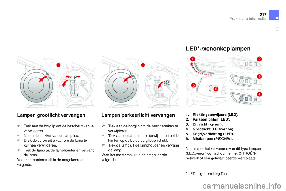CITROEN DS3 CABRIO 2015 Instructieboekjes (in Dutch) 217
DS3_nl_Chap10_info-pratiques_ed01-2014
Lampen grootlicht vervangen Lampen parkeerlicht vervangen
F trek aan de borglip om de beschermkap te verwijderen.
F
n
e
em de stekker van de lamp los.
F
CITROEN DS3 CABRIO 2015 Instructieboekjes (in Dutch) 217
DS3_nl_Chap10_info-pratiques_ed01-2014
Lampen grootlicht vervangen Lampen parkeerlicht vervangen
F trek aan de borglip om de beschermkap te verwijderen.
F
n
e
em de stekker van de lamp los.
F