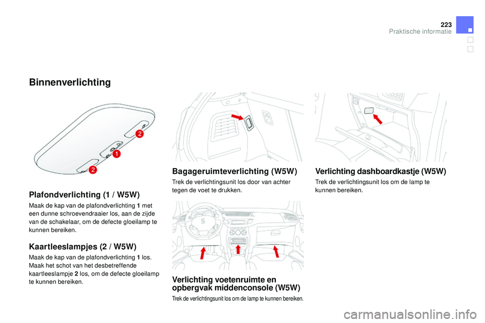 CITROEN DS3 CABRIO 2015  Instructieboekjes (in Dutch) 223
DS3_nl_Chap10_info-pratiques_ed01-2014
Binnenverlichting
Plafondverlichting (1 / W5W)
Maak de kap van de plafondverlichting 1 met 
e en dunne schroevendraaier los, aan de zijde 
van de schakelaar,