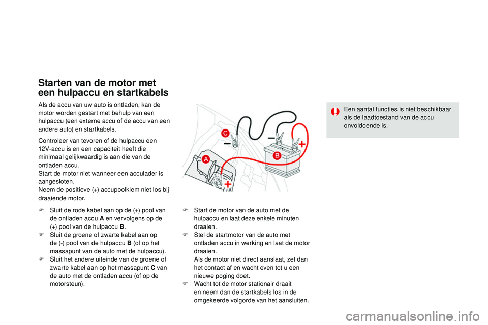 CITROEN DS3 CABRIO 2015  Instructieboekjes (in Dutch) DS3_nl_Chap10_info-pratiques_ed01-2014
Als de accu van uw auto is ontladen, kan de 
motor worden gestart met behulp van een 
hulpaccu (een externe accu of de accu van een 
andere auto) en startkabels.