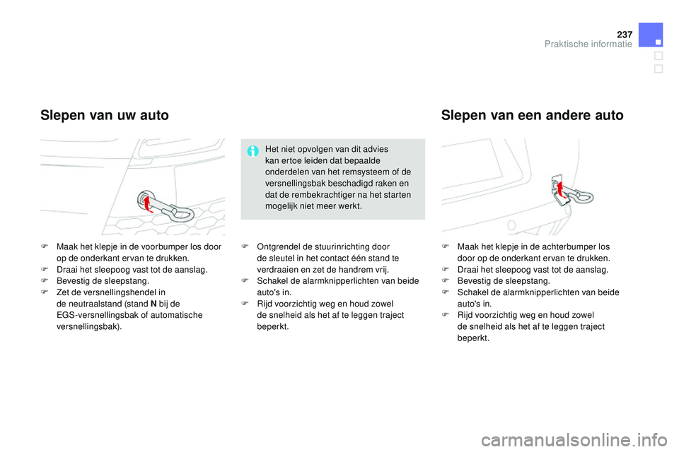 CITROEN DS3 CABRIO 2015  Instructieboekjes (in Dutch) 237
DS3_nl_Chap10_info-pratiques_ed01-2014
F Maak het klepje in de voorbumper los door op de onderkant ervan te drukken.
F
 
D
 raai het sleepoog vast tot de aanslag.
F
  b evestig de sleepstang.
F
 
