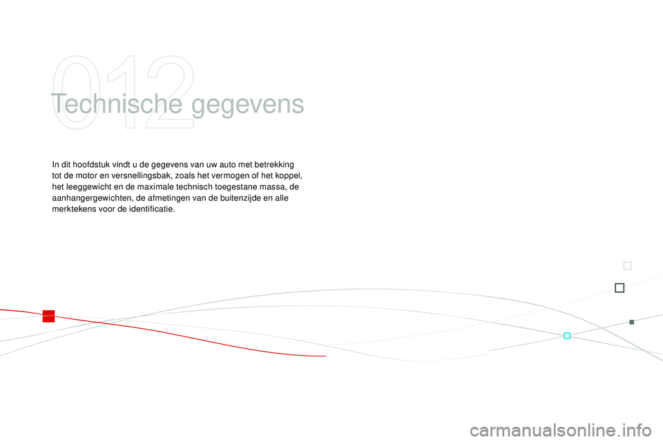 CITROEN DS3 CABRIO 2015  Instructieboekjes (in Dutch) DS3_nl_Chap12_caracteristiques_ed01-2014
technische gegevens
In dit hoofdstuk vindt u de gegevens van uw auto met betrekking 
tot de motor en versnellingsbak, zoals het vermogen of het koppel, 
het le