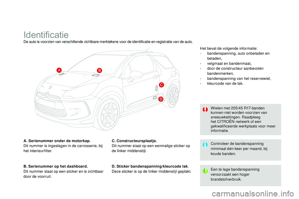 CITROEN DS3 CABRIO 2015 Instructieboekjes (in Dutch) DS3_nl_Chap12_caracteristiques_ed01-2014
IdentificatieDe auto is voorzien van verschillende zichtbare merktekens voor de identificatie en registratie van de auto.
A. Serienummer onder de motorkap.
Dit CITROEN DS3 CABRIO 2015 Instructieboekjes (in Dutch) DS3_nl_Chap12_caracteristiques_ed01-2014
IdentificatieDe auto is voorzien van verschillende zichtbare merktekens voor de identificatie en registratie van de auto.
A. Serienummer onder de motorkap.
Dit