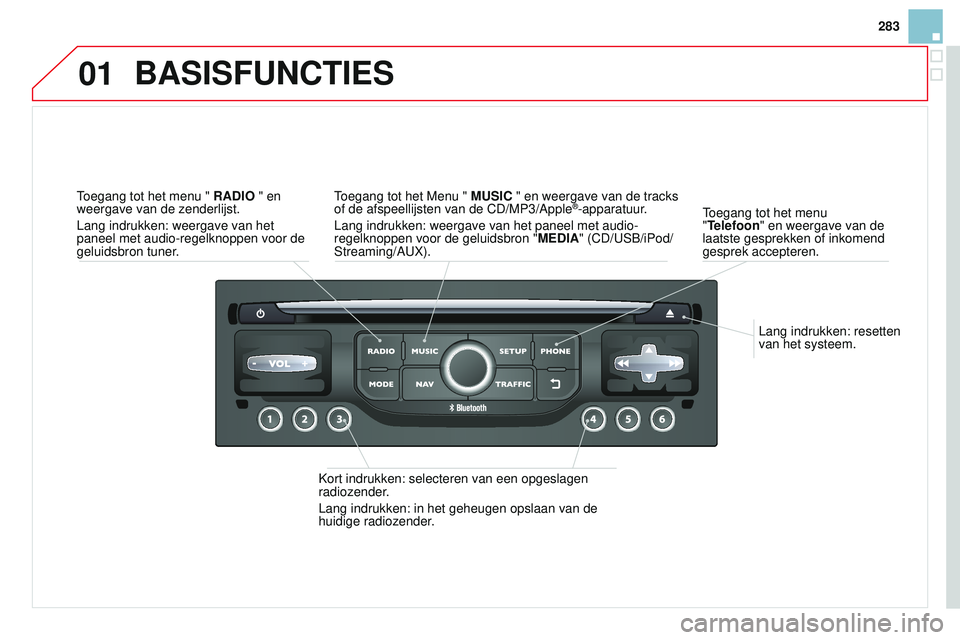 CITROEN DS3 CABRIO 2015 Instructieboekjes (in Dutch) 01
283
DS3_nl_Chap13b_rt6-2-8_ed01-2014
Lang indrukken: resetten
van het systeem.
toegang tot het menu
"
Telefoon" en weergave van de
laatste gesprekken of inkomend
gesprek accepteren.
BA CITROEN DS3 CABRIO 2015 Instructieboekjes (in Dutch) 01
283
DS3_nl_Chap13b_rt6-2-8_ed01-2014
Lang indrukken: resetten
van het systeem.
toegang tot het menu
"
Telefoon" en weergave van de
laatste gesprekken of inkomend
gesprek accepteren.
BA