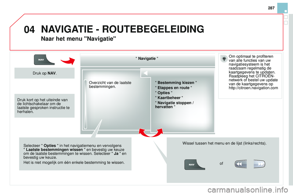 CITROEN DS3 CABRIO 2015 Instructieboekjes (in Dutch) 04
287
DS3_nl_Chap13b_rt6-2-8_ed01-2014
overzicht van de laatste
bestemmingen. "
Navigatie "
Selecteer " Opties " in het navigatiemenu en vervolgens
" Laatste bestemmingen wiss CITROEN DS3 CABRIO 2015 Instructieboekjes (in Dutch) 04
287
DS3_nl_Chap13b_rt6-2-8_ed01-2014
overzicht van de laatste
bestemmingen. "
Navigatie "
Selecteer " Opties " in het navigatiemenu en vervolgens
" Laatste bestemmingen wiss