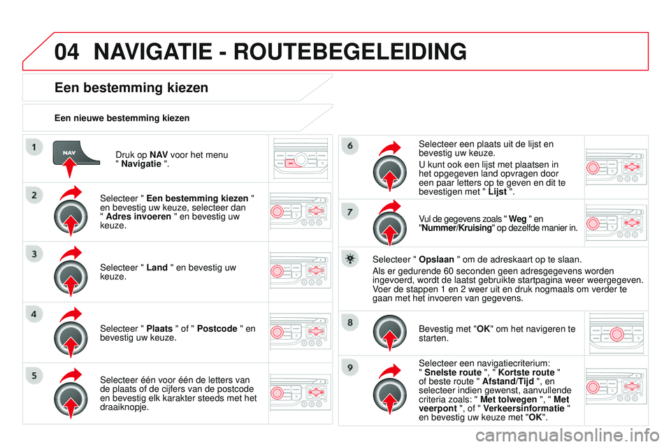 CITROEN DS3 CABRIO 2015 Instructieboekjes (in Dutch) 04
DS3_nl_Chap13b_rt6-2-8_ed01-2014
Druk op N AV voor het menu
" Navigatie ".
Een nieuwe bestemming kiezen
Een bestemming kiezen
Selecteer " Een bestemming kiezen "
en bevestig uw CITROEN DS3 CABRIO 2015 Instructieboekjes (in Dutch) 04
DS3_nl_Chap13b_rt6-2-8_ed01-2014
Druk op N AV voor het menu
" Navigatie ".
Een nieuwe bestemming kiezen
Een bestemming kiezen
Selecteer " Een bestemming kiezen "
en bevestig uw