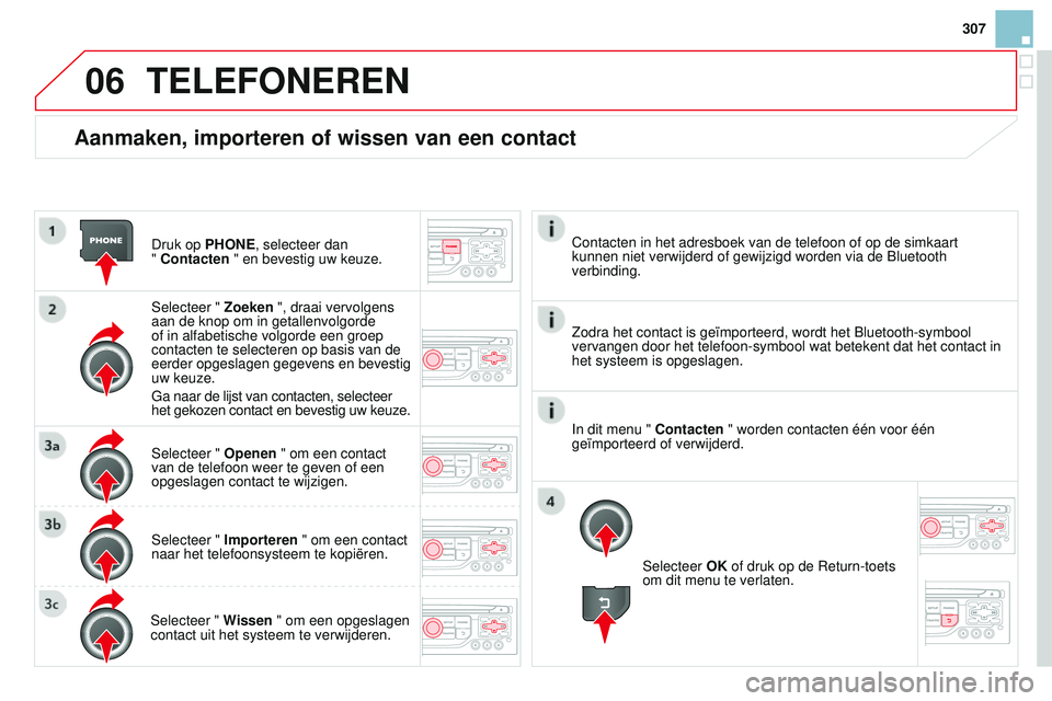 CITROEN DS3 CABRIO 2015 Instructieboekjes (in Dutch) 06
307
DS3_nl_Chap13b_rt6-2-8_ed01-2014
Aanmaken, importeren of wissen van een contact
Druk op PHONE, selecteer dan
" Contacten " en bevestig uw keuze.
Selecteer " Zoeken ", draai ve CITROEN DS3 CABRIO 2015 Instructieboekjes (in Dutch) 06
307
DS3_nl_Chap13b_rt6-2-8_ed01-2014
Aanmaken, importeren of wissen van een contact
Druk op PHONE, selecteer dan
" Contacten " en bevestig uw keuze.
Selecteer " Zoeken ", draai ve