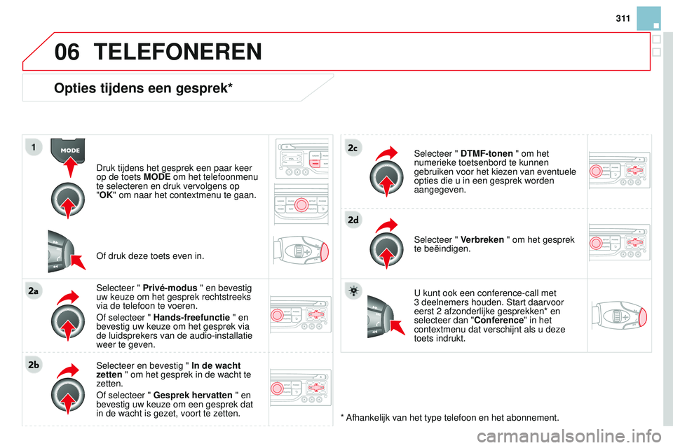 CITROEN DS3 CABRIO 2015 Instructieboekjes (in Dutch) 06
3 11
DS3_nl_Chap13b_rt6-2-8_ed01-2014
Opties tijdens een gesprek*
Druk tijdens het gesprek een paar keer
op de toets MODE om het telefoonmenu
te selecteren en druk vervolgens op
"OK" om CITROEN DS3 CABRIO 2015 Instructieboekjes (in Dutch) 06
3 11
DS3_nl_Chap13b_rt6-2-8_ed01-2014
Opties tijdens een gesprek*
Druk tijdens het gesprek een paar keer
op de toets MODE om het telefoonmenu
te selecteren en druk vervolgens op
"OK" om
