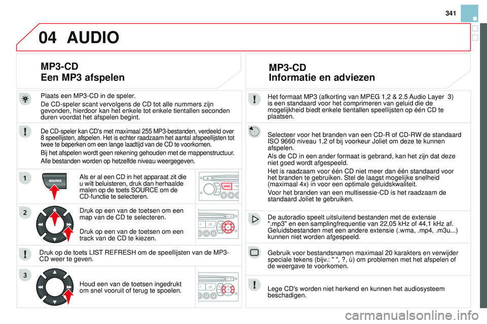 CITROEN DS3 CABRIO 2015  Instructieboekjes (in Dutch) 04
341
DS3_nl_Chap13c_rD45_ed01_2014
Het formaat MP3 (afkorting van MPeG 1,2 & 2.5 Audio Layer   3) 
is een standaard voor het comprimeren van geluid die de 
mogelijkheid biedt enkele tientallen speel