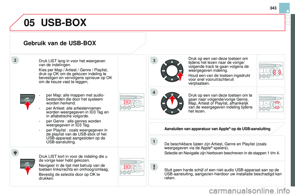 CITROEN DS3 CABRIO 2015  Instructieboekjes (in Dutch) 05
343
DS3_nl_Chap13c_rD45_ed01_2014
Gebruik van de USB-BOX
Druk LISt kort in voor de indeling die u 
de vorige keer hebt gekozen.
n

avigeer in de lijst met behulp van de 
toetsen links/rechts en omh
