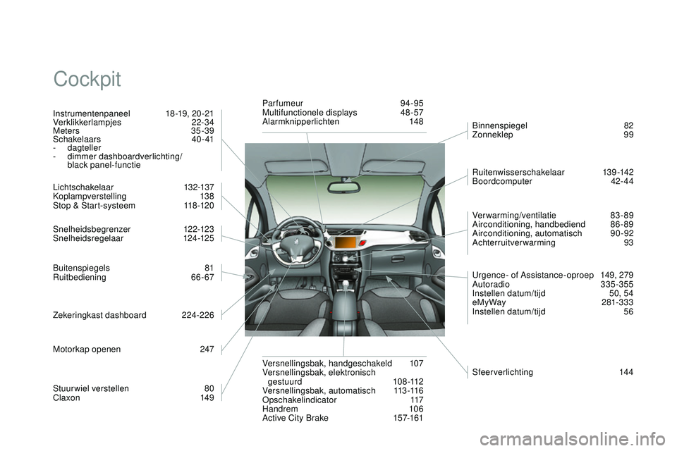 CITROEN DS3 CABRIO 2015 Instructieboekjes (in Dutch) DS3_nl_Chap14_index-recherche_ed01-2014
Cockpit
Instrumentenpaneel 18 -19, 20 -21
Verklikkerlampjes 22-34
Meters
35-39
Schakelaars
40- 41
-
dagteller
-
d
immer dashboardverlichting/
black CITROEN DS3 CABRIO 2015 Instructieboekjes (in Dutch) DS3_nl_Chap14_index-recherche_ed01-2014
Cockpit
Instrumentenpaneel 18 -19, 20 -21
Verklikkerlampjes 22-34
Meters
35-39
Schakelaars
40- 41
-
dagteller
-
d
immer dashboardverlichting/
black